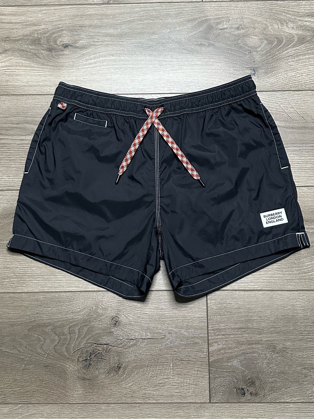 Burberry 4" Logo Patch Check Drawstring Lined Swim Board Shorts Black Medium